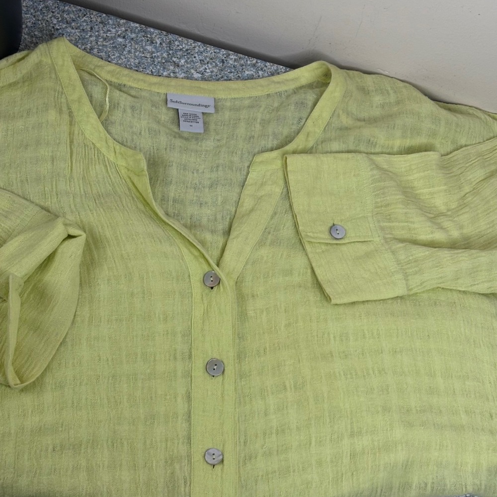 Soft Surroundings Blouse 1X Lime Green Linen Cotton Gauze Button Front Top 55433 - Picture 5 of 10